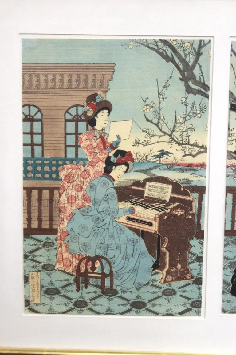 Japanese Meiji Toyohana Chikanobu Woodblock Print Triptych from Plum Garden Set