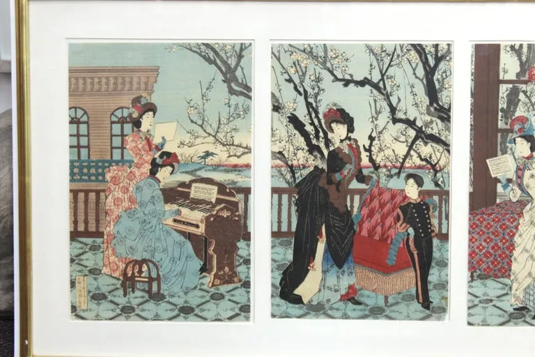 Japanese Meiji Toyohana Chikanobu Woodblock Print Triptych from Plum Garden Set