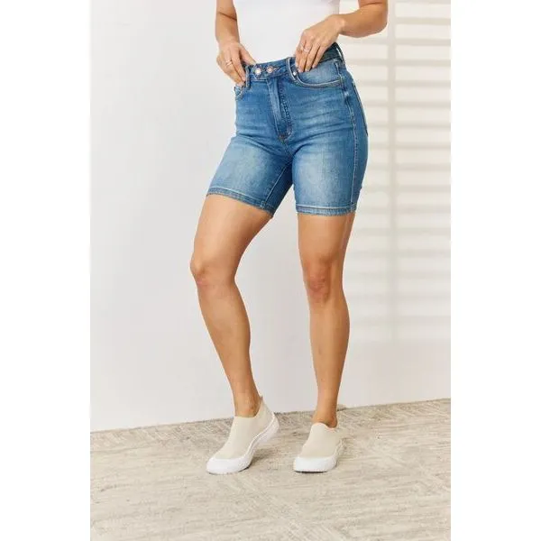 Judy Blue Full Size Tummy Control Double Button Bermuda Denim Shorts