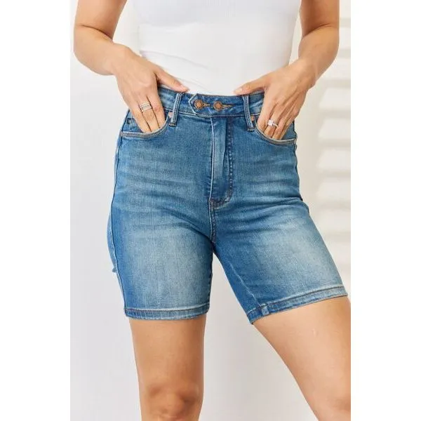 Judy Blue Full Size Tummy Control Double Button Bermuda Denim Shorts