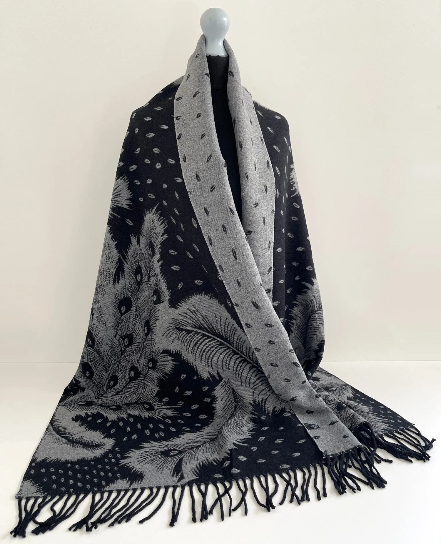 LARGE BLACK CASHMERE FEATHER PRINT REVERSIBLE WINTER SHAWL BLANKET SCARF