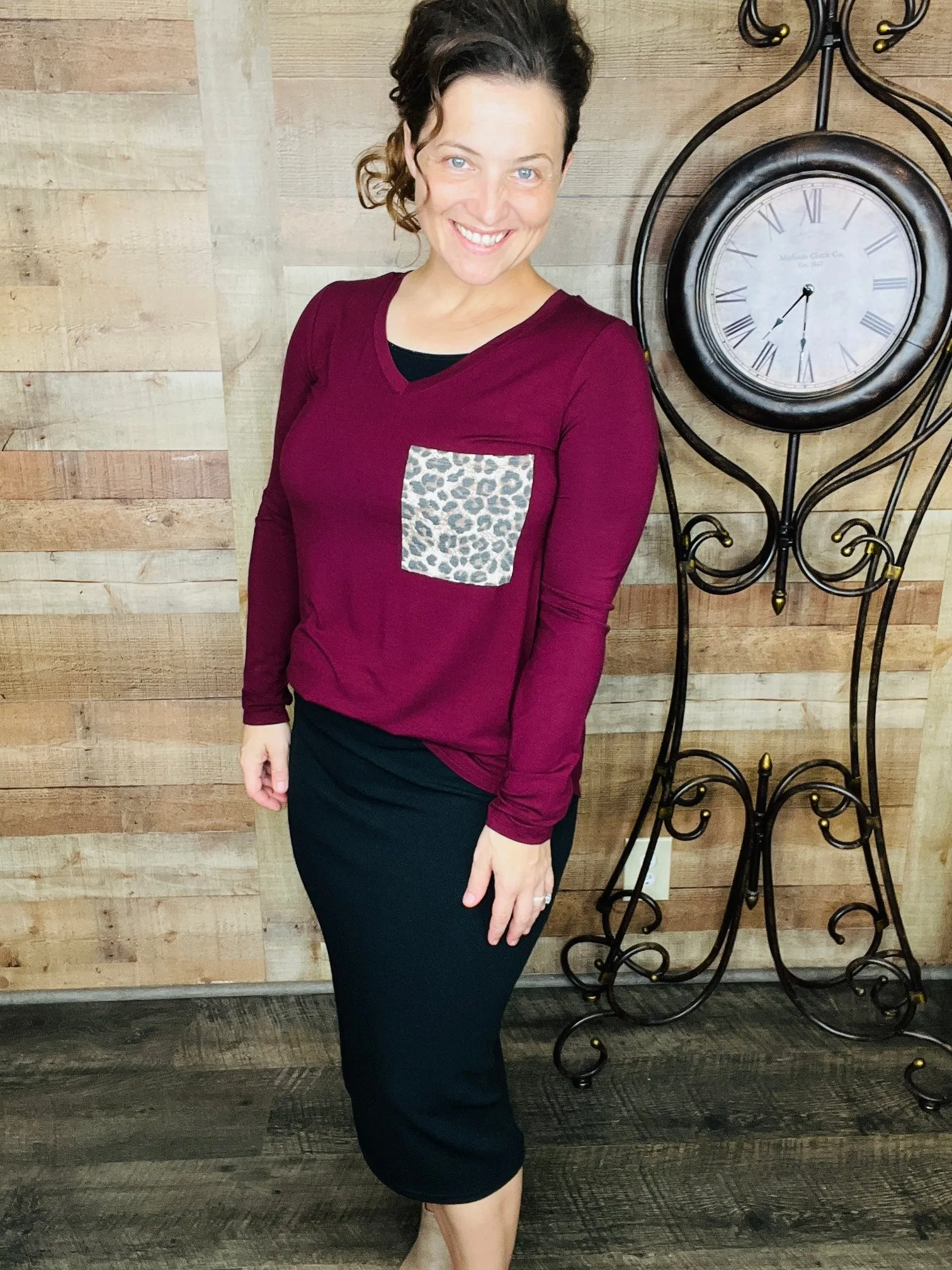 Leopard Pocket Top-Burgundy