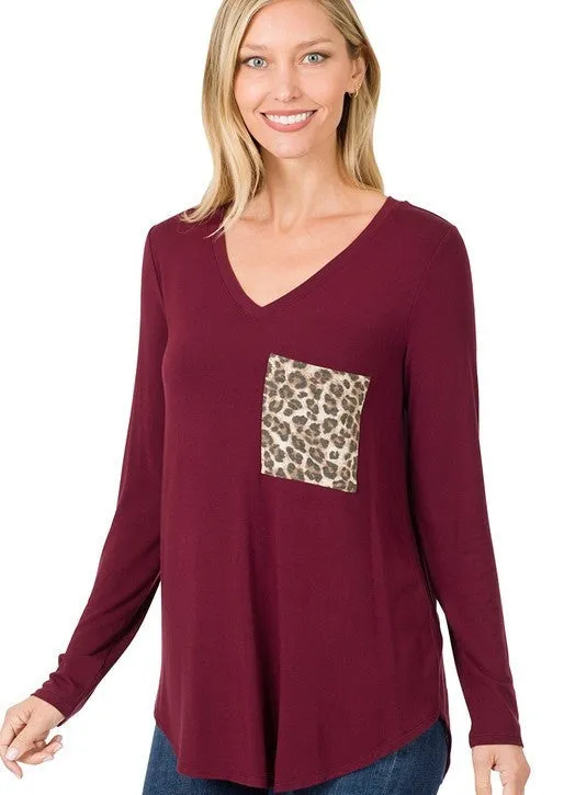 Leopard Pocket Top-Burgundy