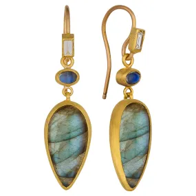 Lika Behar Miro Dangle Drop Earrings with Pear Labradorites & Rainbow Moonstones Silver & 24K Gold