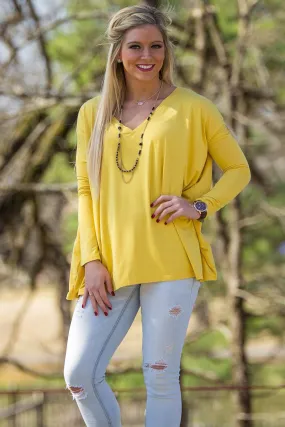 Long Sleeve V-Neck Piko Top - Mustard