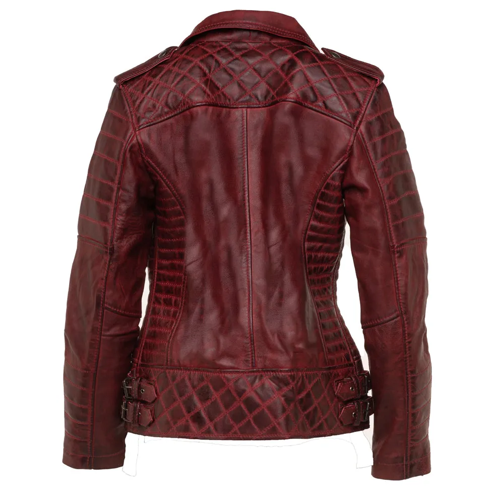 Marissa's Antique red diamond quilted leather jacket with double zipper