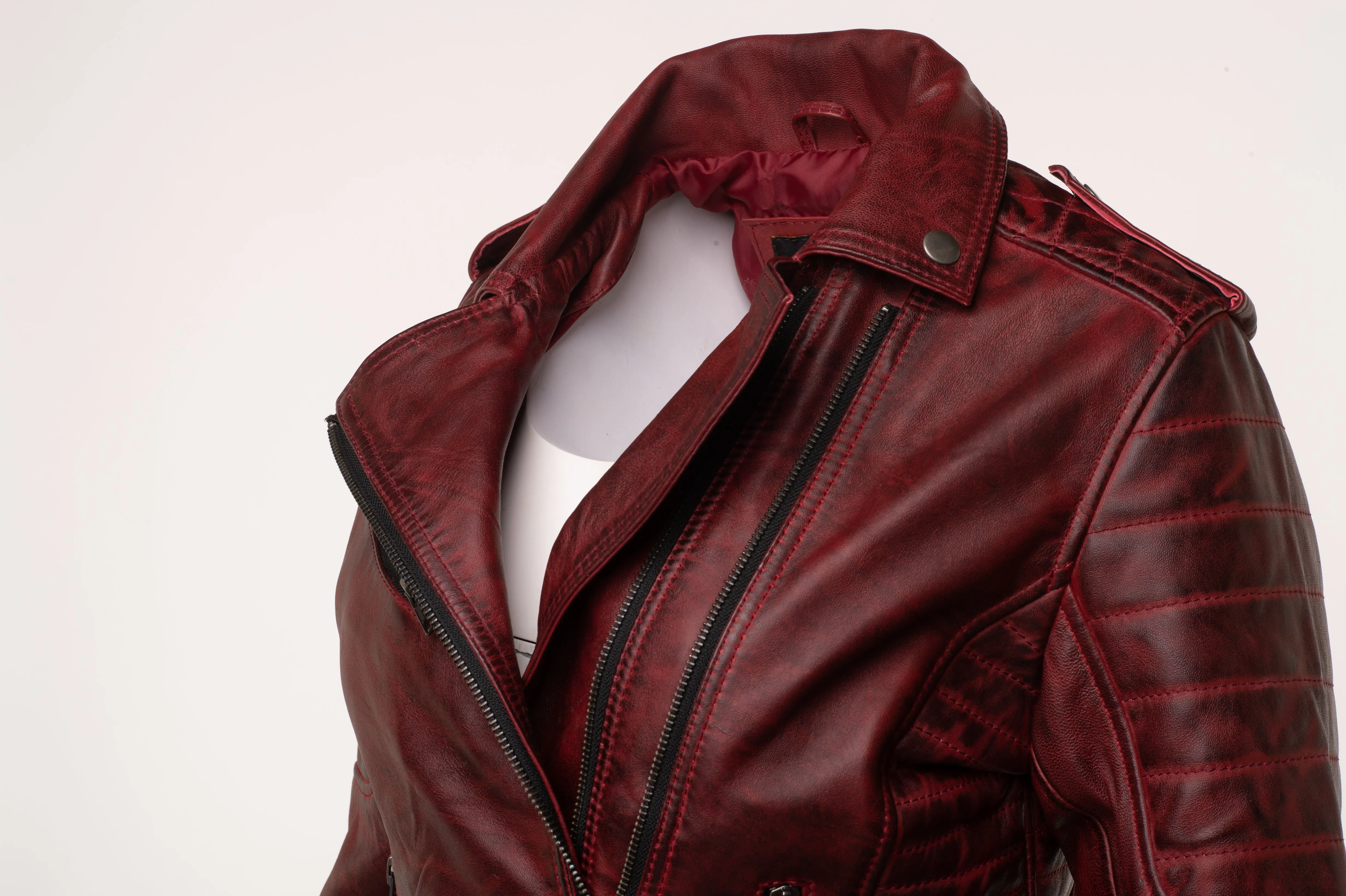 Marissa's Antique red diamond quilted leather jacket with double zipper