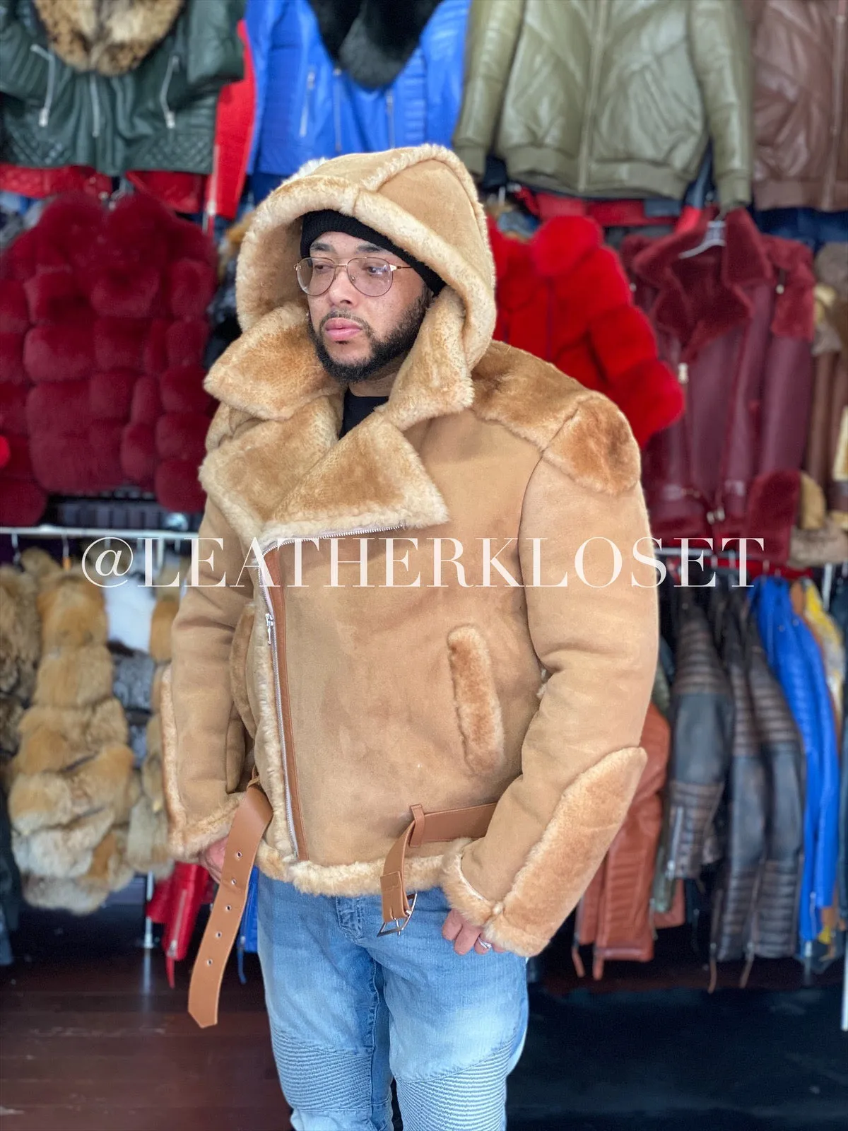 Men's Classic Sheepsking Shearling Biker With Hood