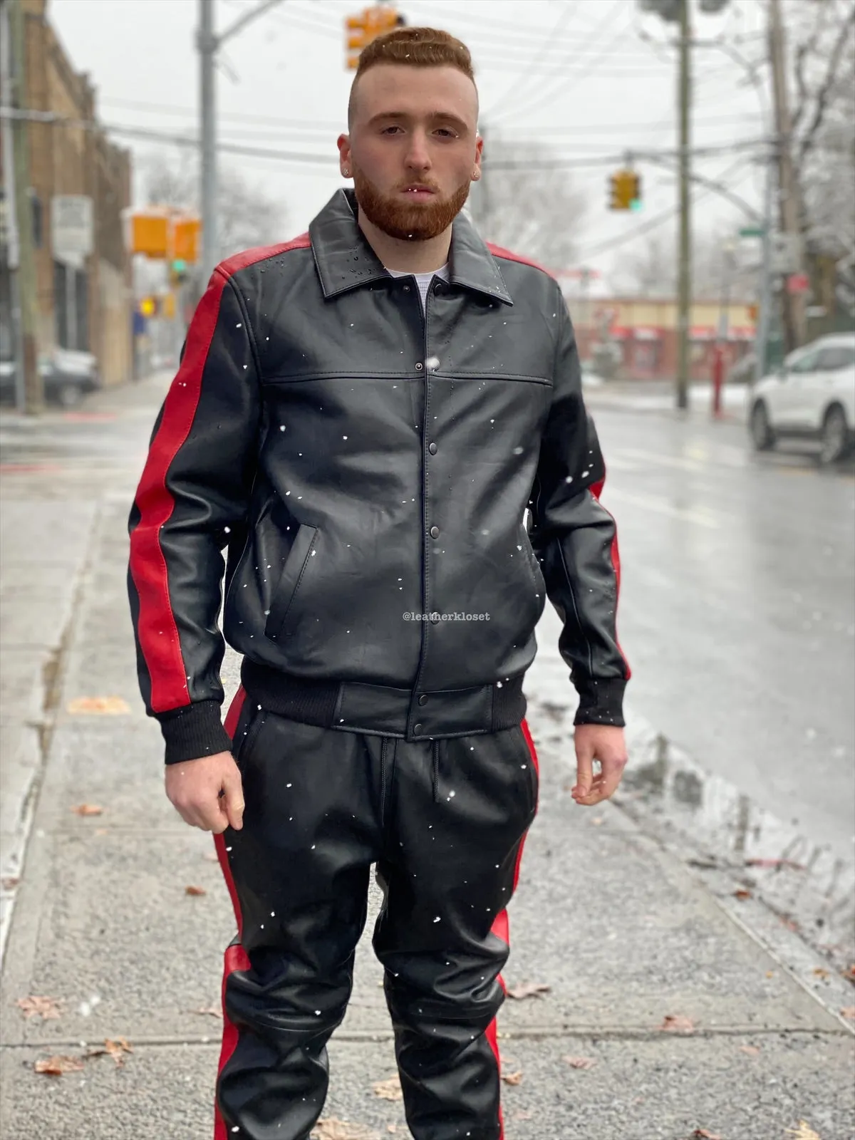 Men's Leather Track Suit Sweatsuit [Black/Red]