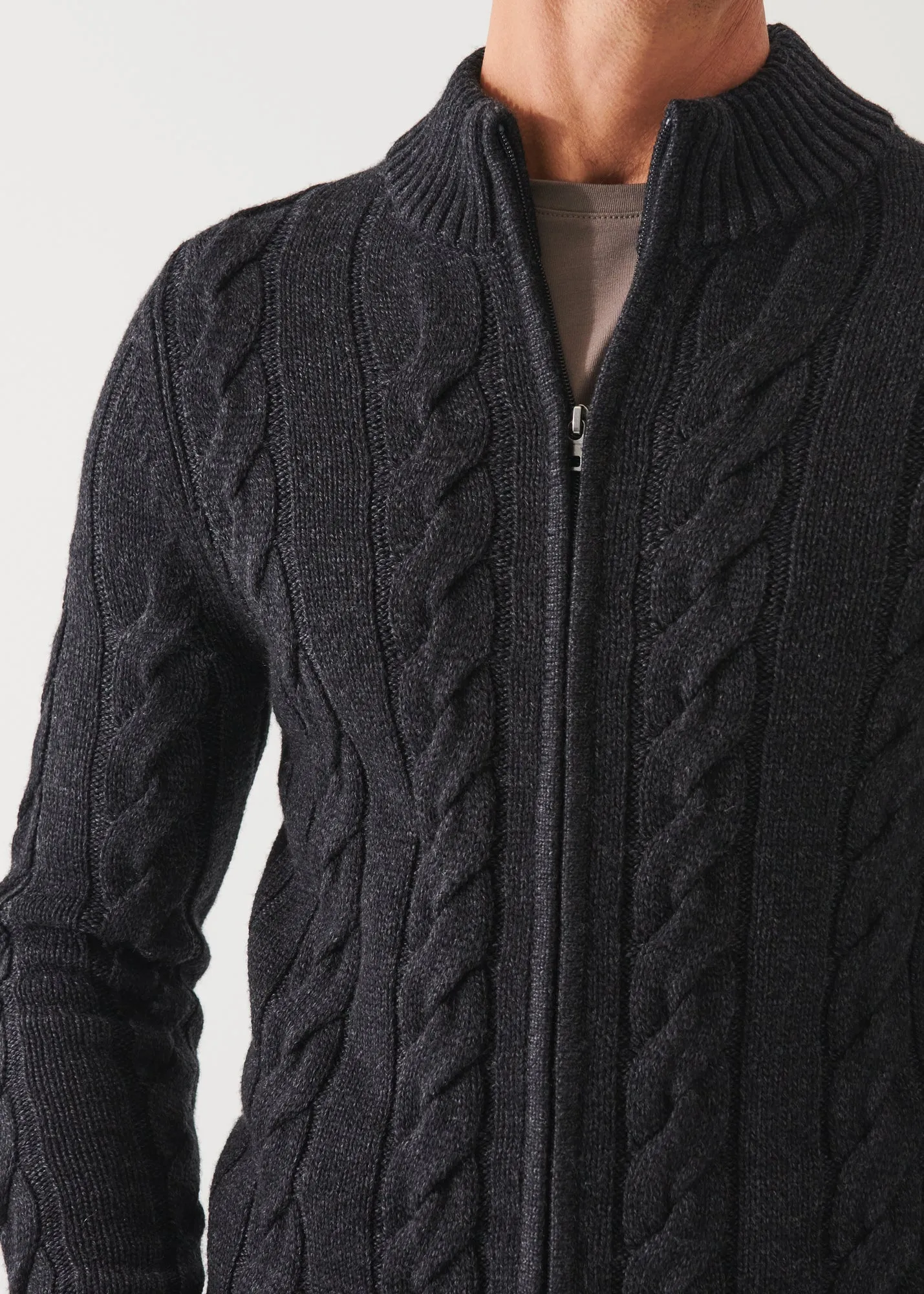 MERINO CABLE KNIT ZIP CARDIGAN