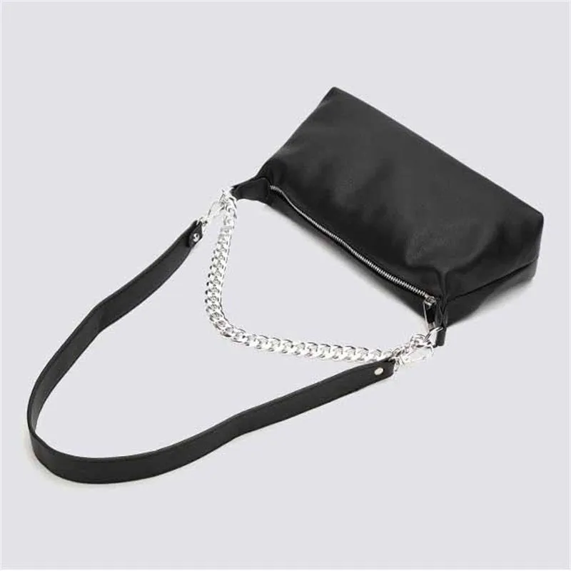 Metal Chain Design Solid Black Crossbody Bag