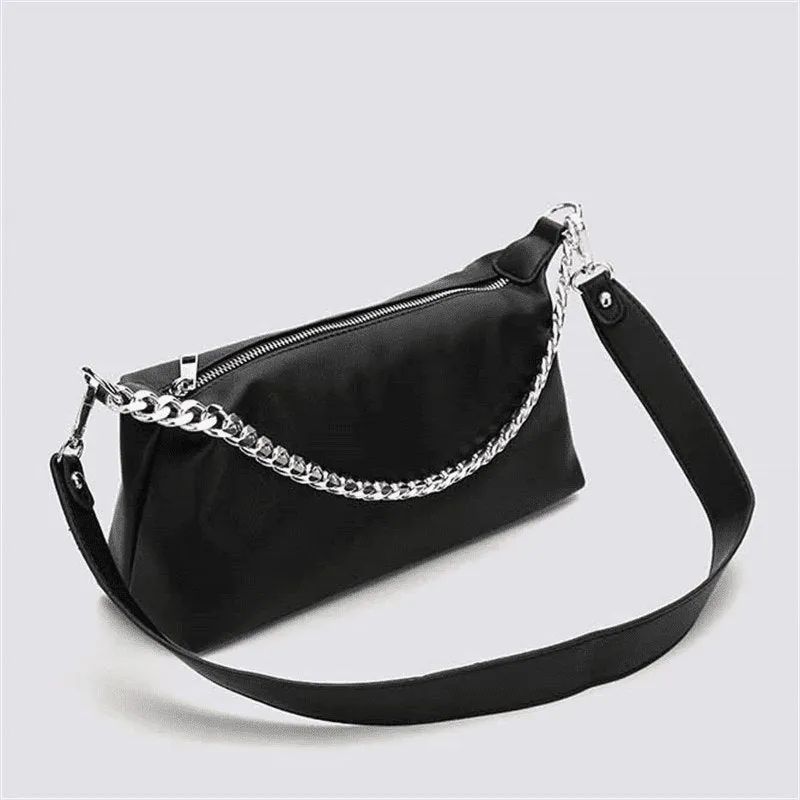 Metal Chain Design Solid Black Crossbody Bag