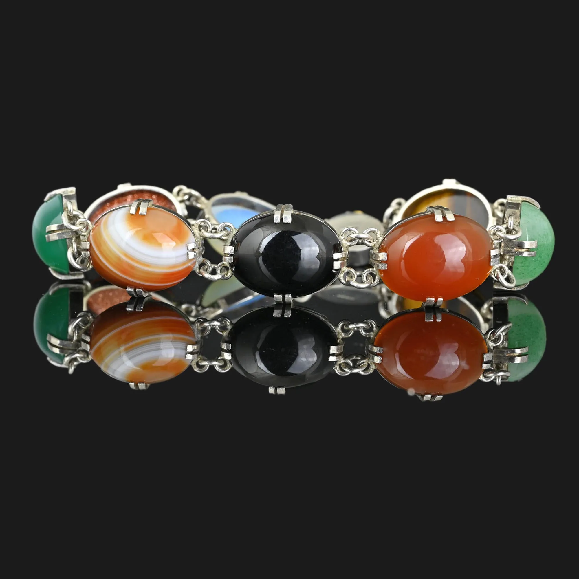 Mid Century Multi Gemstone Bracelet Jade Tiger Eye Moonstone