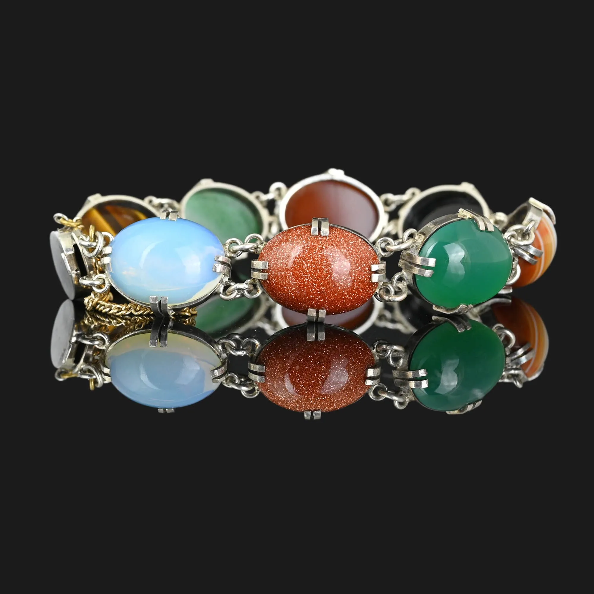 Mid Century Multi Gemstone Bracelet Jade Tiger Eye Moonstone