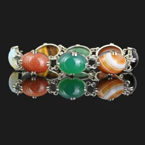 Mid Century Multi Gemstone Bracelet Jade Tiger Eye Moonstone