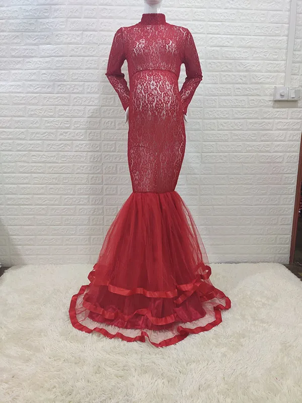 Momnfancy Red Wine Lace Grenadine Sheer Fishtail Bodycon Tulle Maternity Maxi Dress