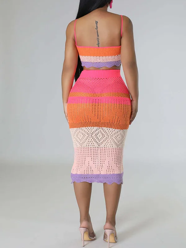 Momnfancy Spaghetti Strap Cut Out Knitwear Rainbow 2 Piece Beach Babyshower Maternity Midi Dress