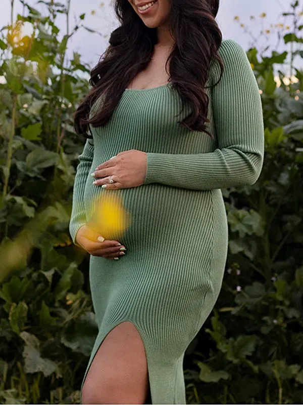 Momnfancy Turquoise Square Neck Long Sleeve Knitting Slit Baby Shower Maternity Midi Dress