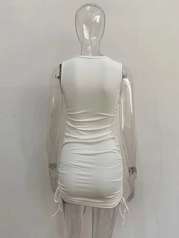 Momnfancy White Belly Friendly Ruched Drawstring Sleveless Bodycon Chic Basic Daily Maternity Photoshoot Baby Shower Party Mini Dress