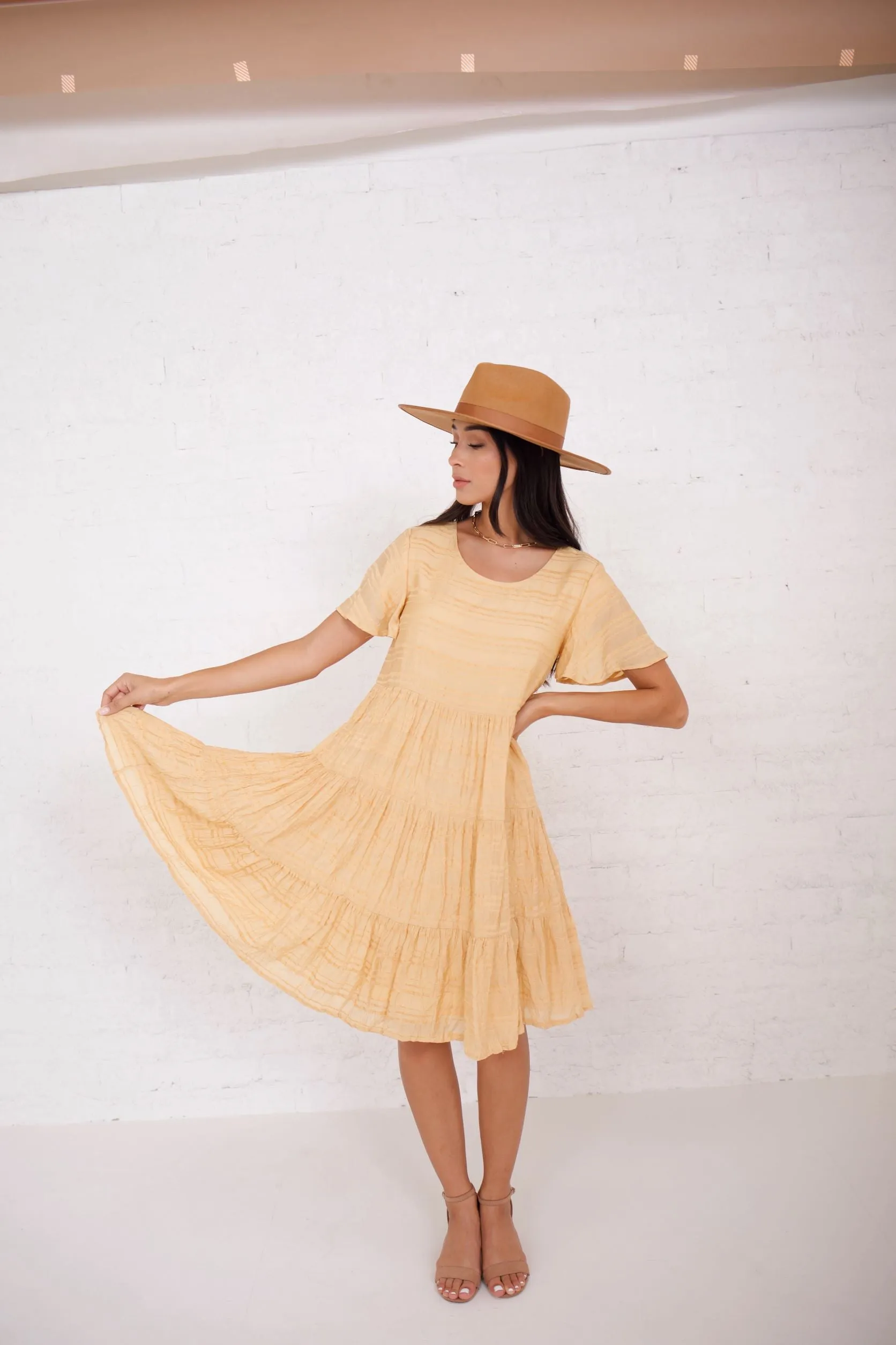 Morgan Flare Dress in Sunset Gold