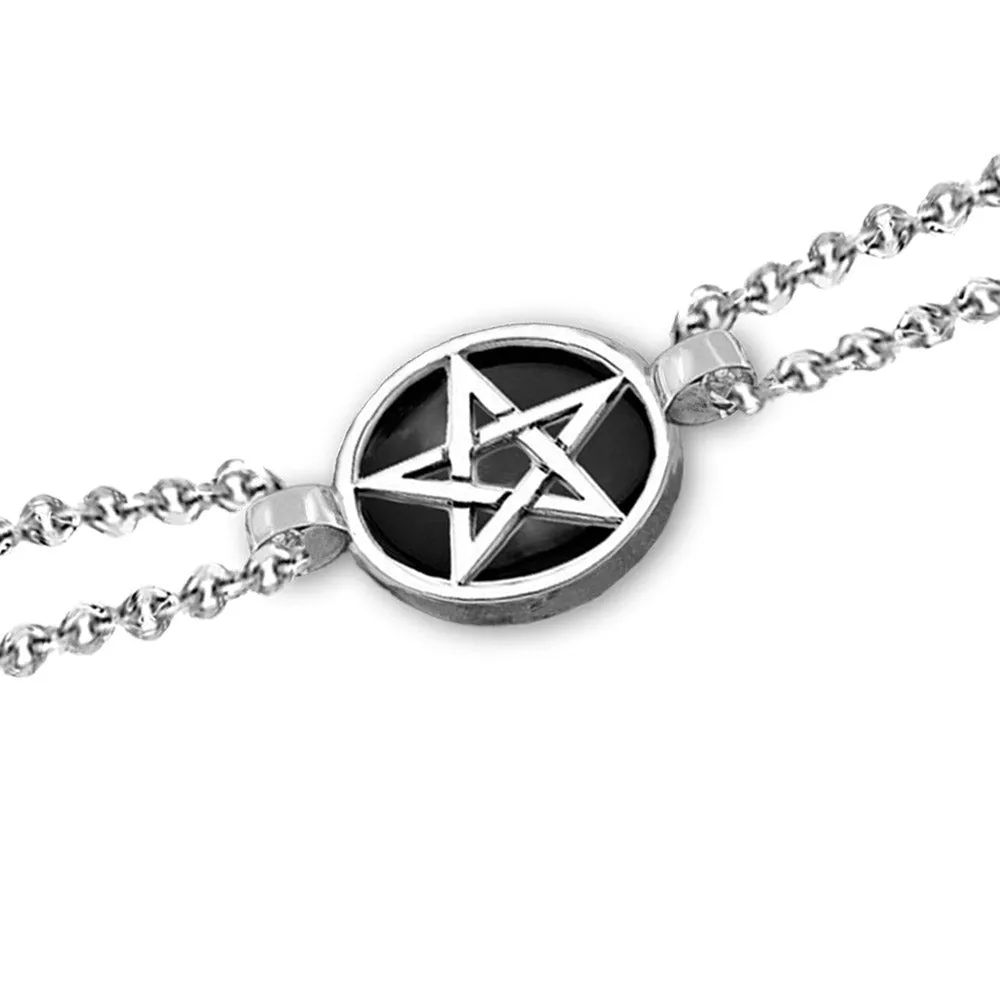 NEW: Black Pentagram Chain Bracelet, Handmade Sterling Silver and Black Enamel,