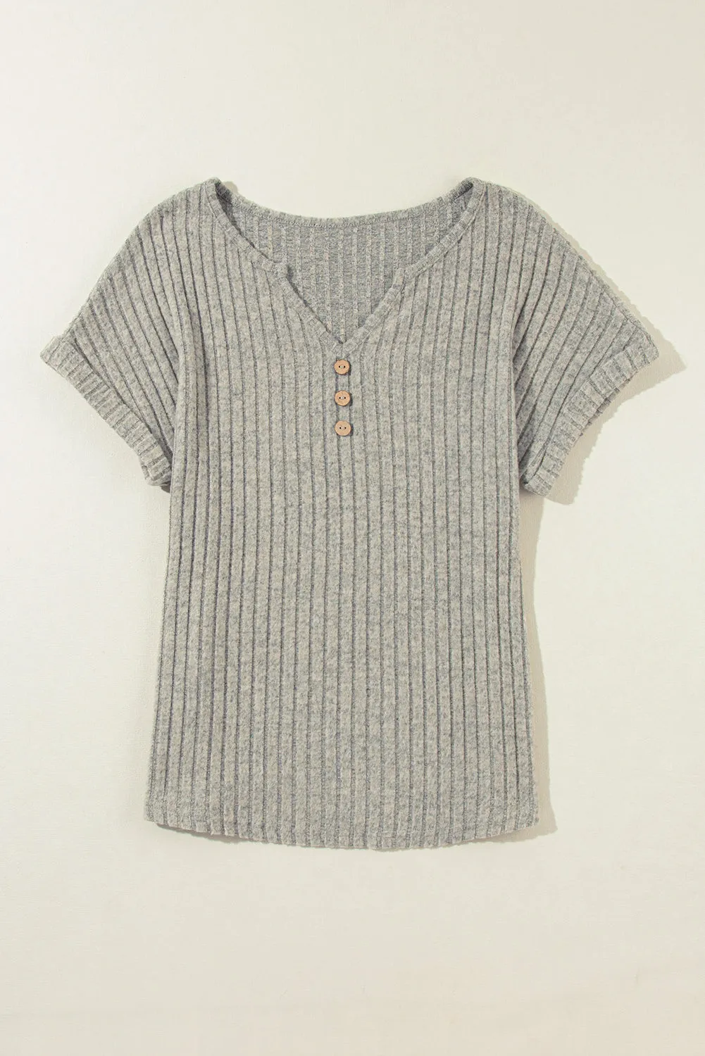 Parchment Wide Ribbed Notched V Neck Button Decor T shirt