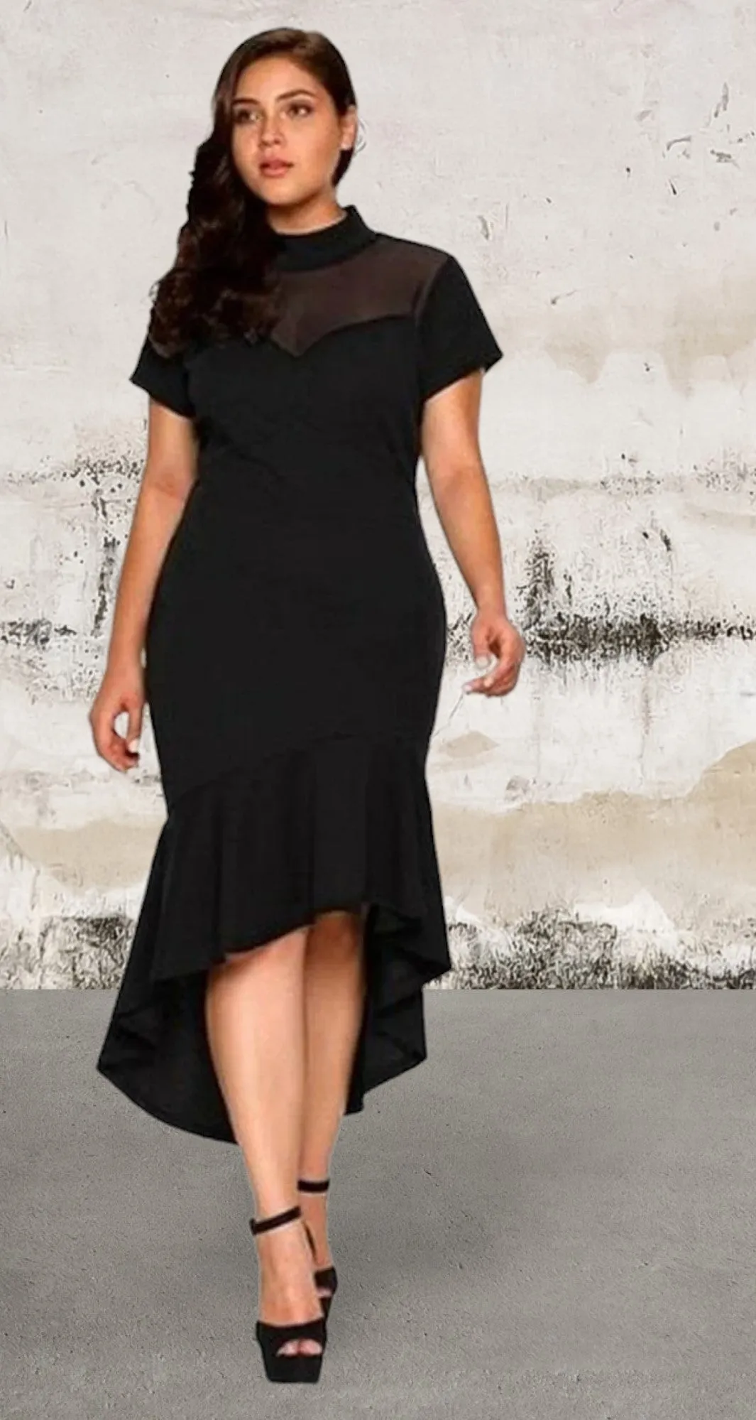 Plus size short sleeve stretchy hi-low dress