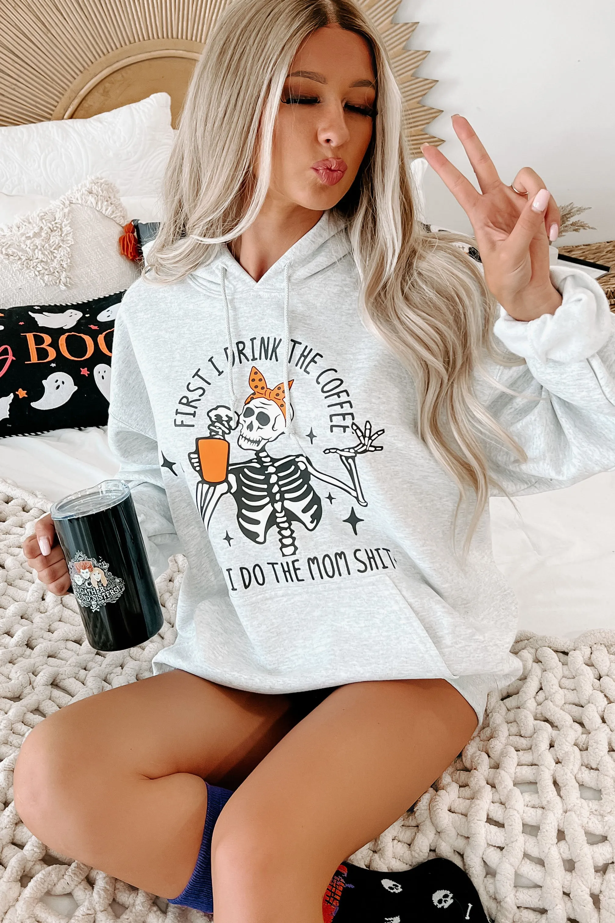 "First I Drink Coffee" Graphic Hoodie (Ash) - Print On Demand