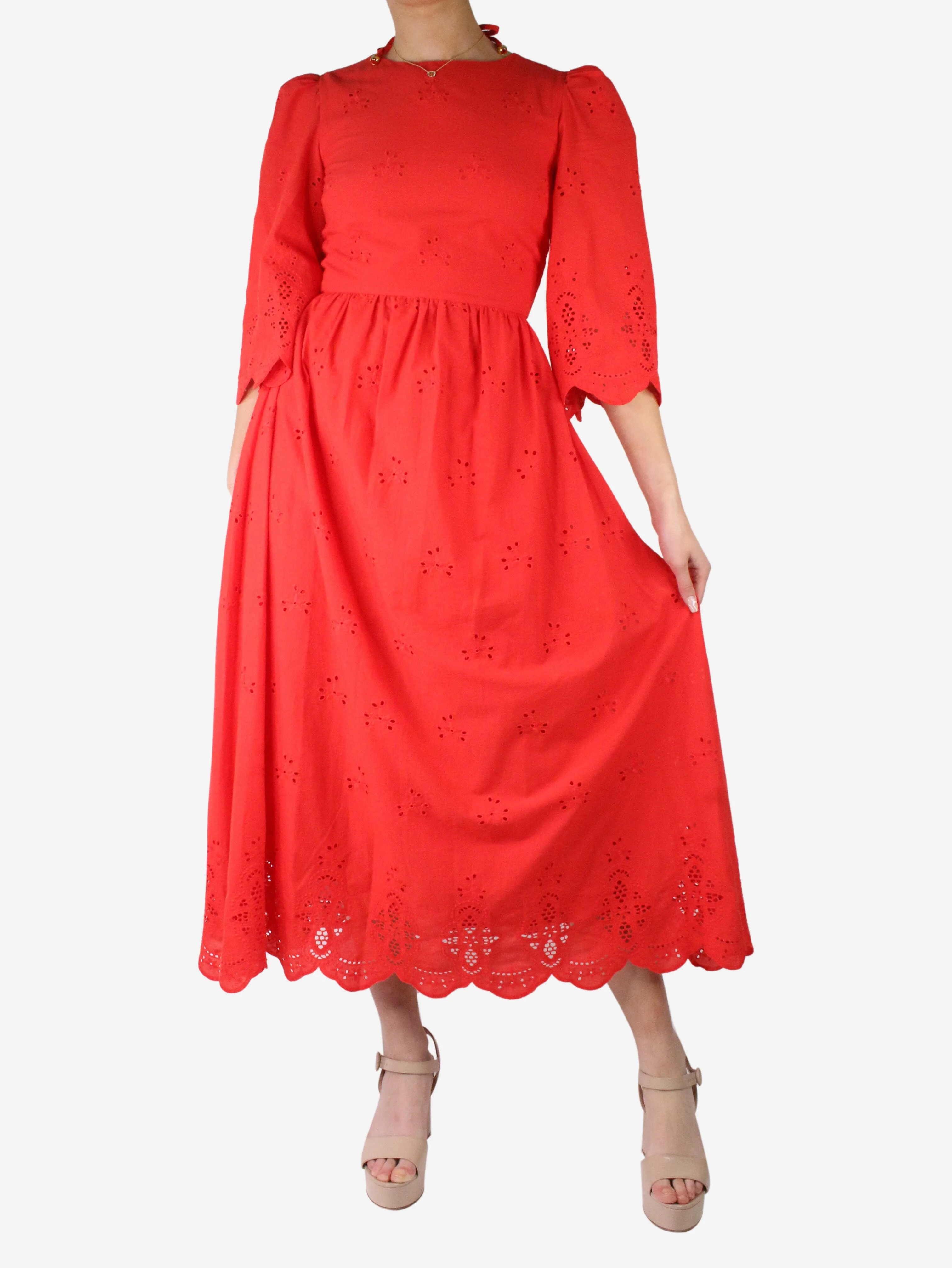 Red open-back embroidered midi dress - size UK 8