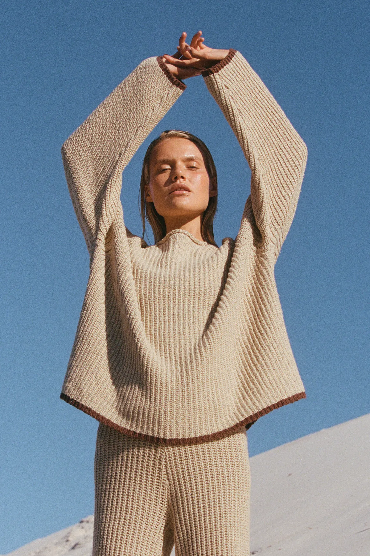 Sand Contrast Rib Knit Jumper