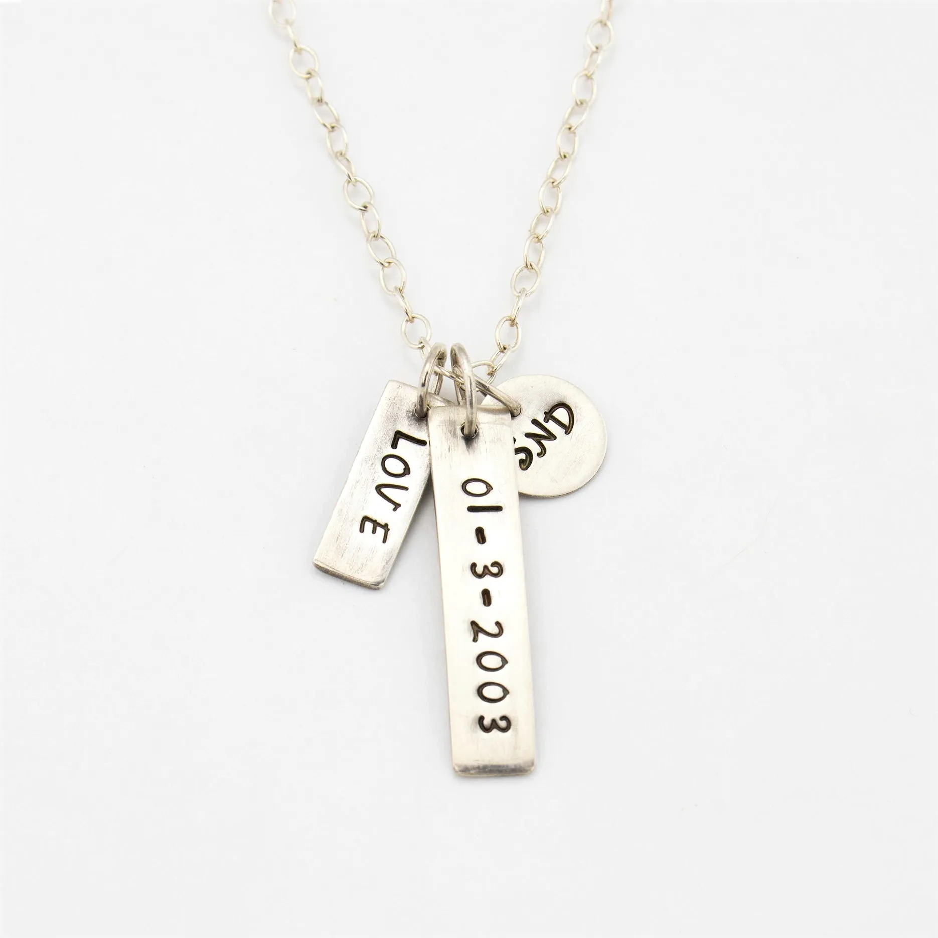 Stamped Sterling Silver Keepsake Necklace with Monogrammed Words, Date and Initials