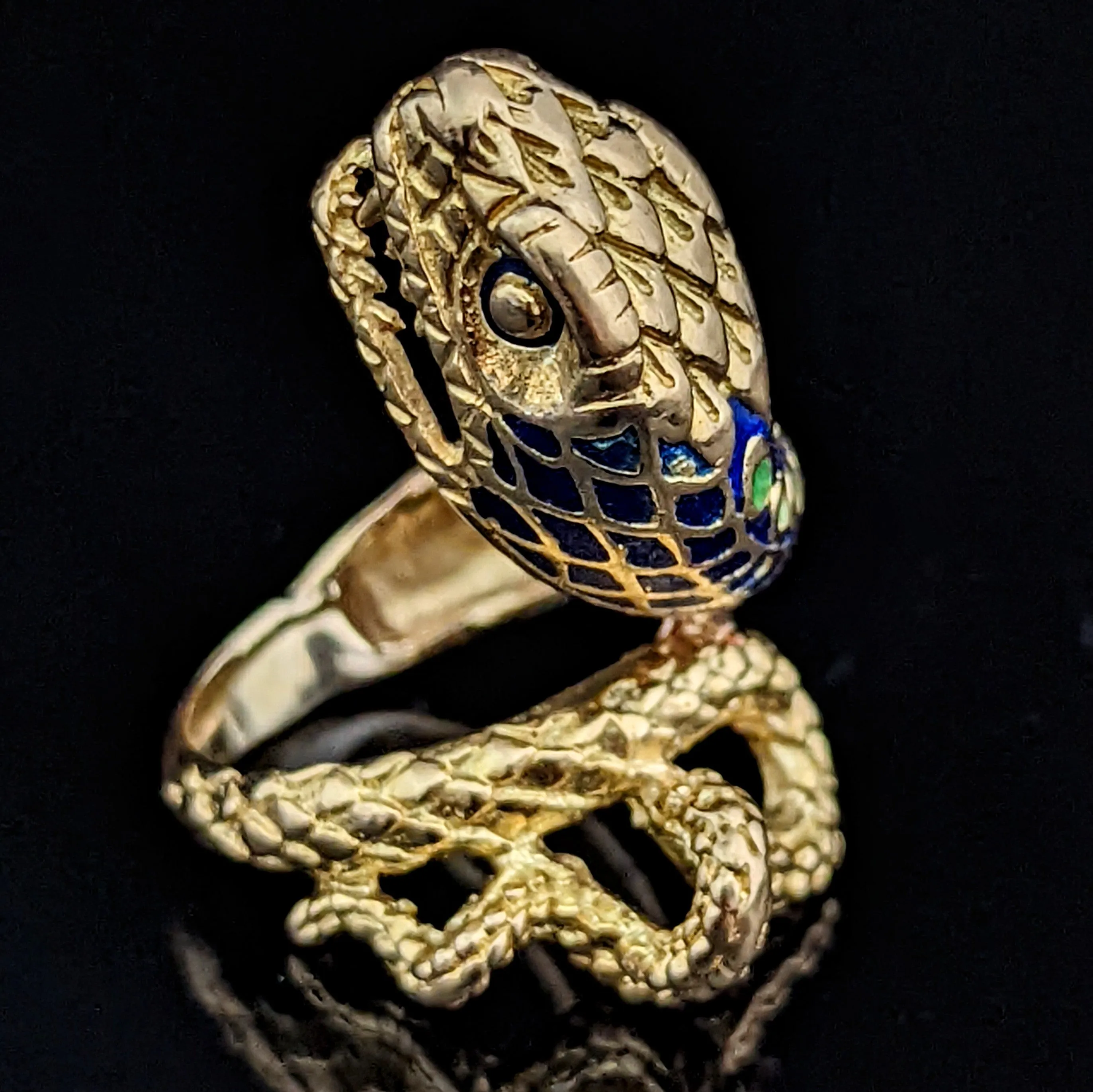 The Charlotte - Vintage 18k Gold Enamel Coiled Snake Cocktail Ring c.1960s