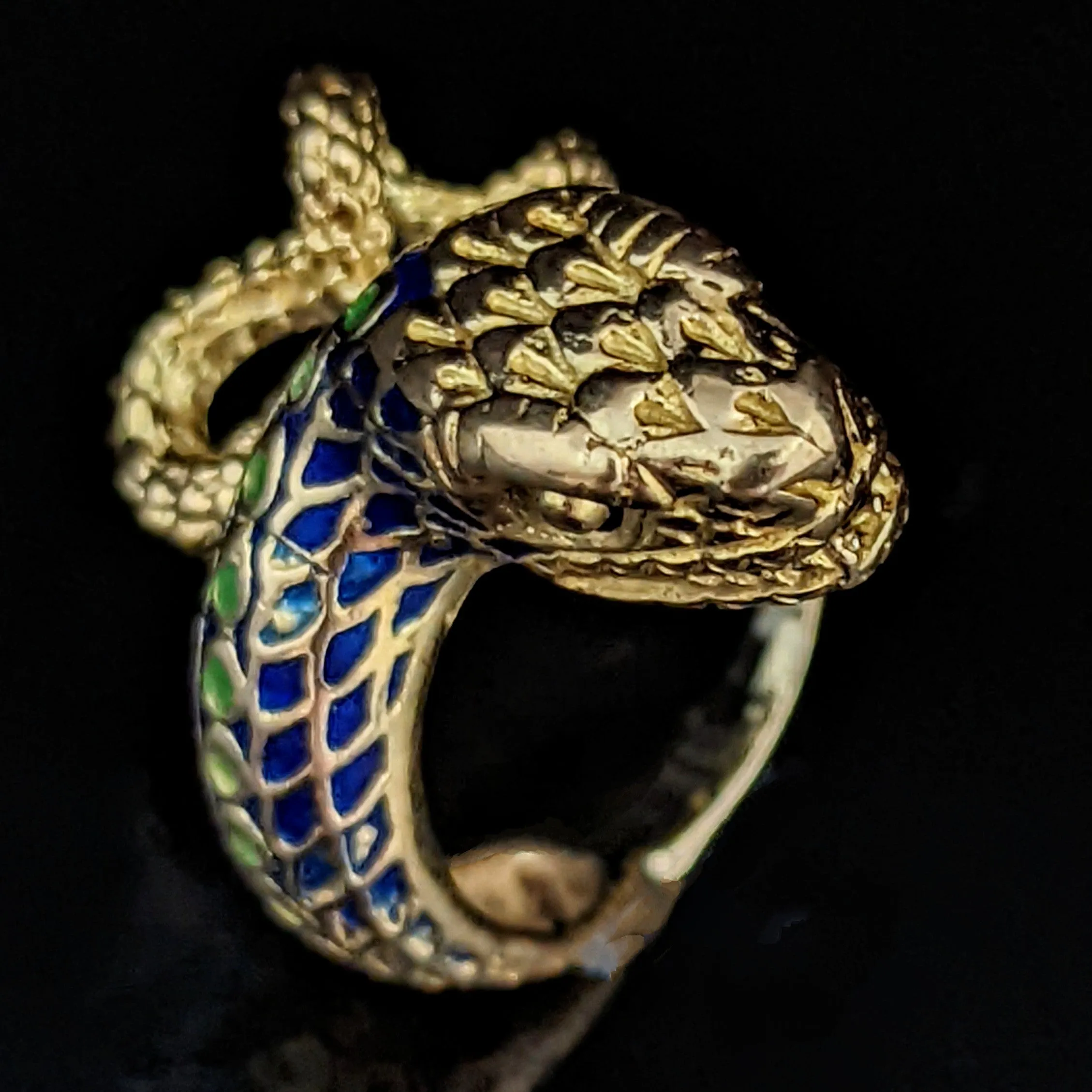 The Charlotte - Vintage 18k Gold Enamel Coiled Snake Cocktail Ring c.1960s