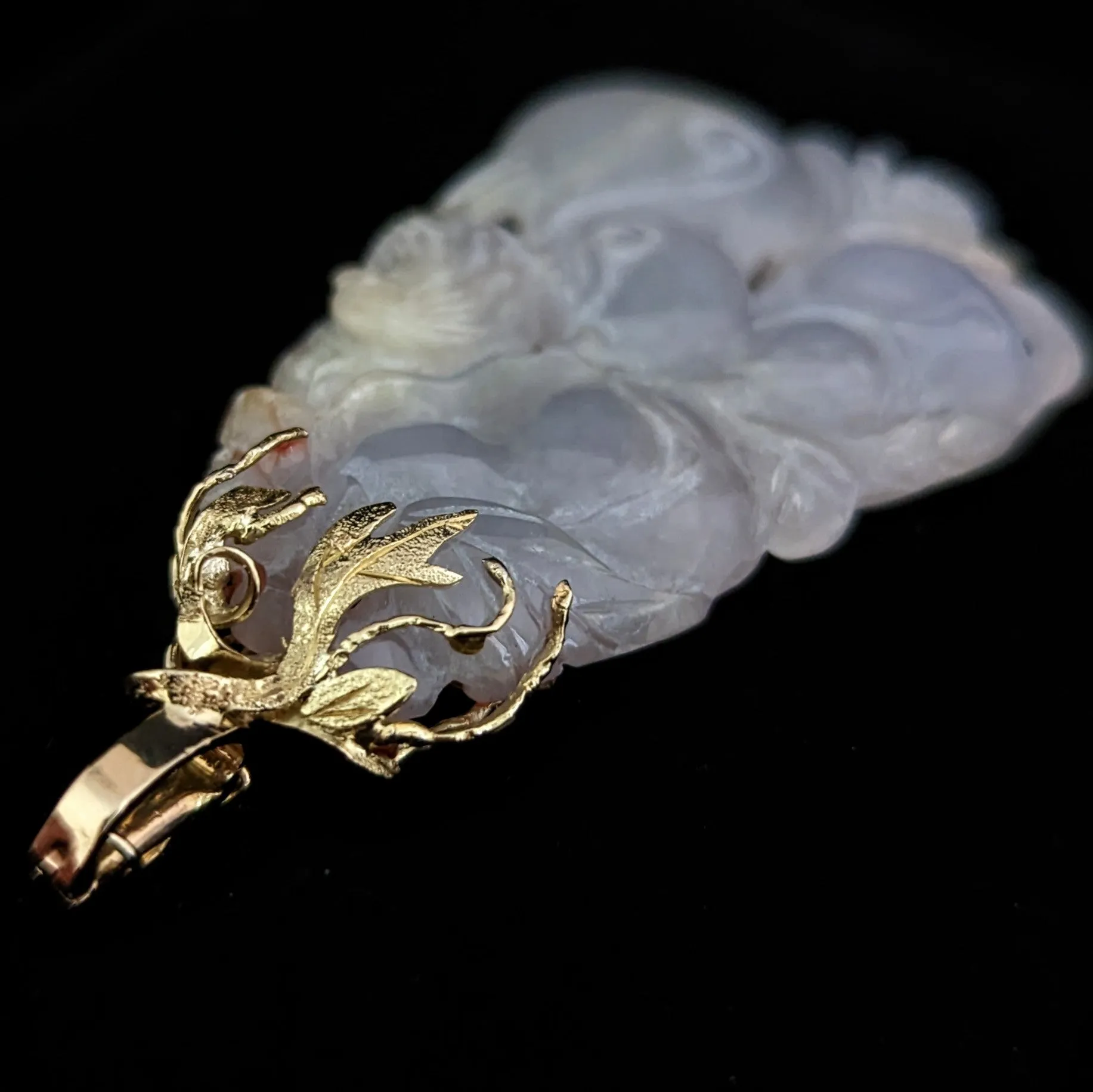 The Indianapolis - Vintage Carved Jade 14k Gold Enhancer / Pendant Exotic Bird Fruit Pattern