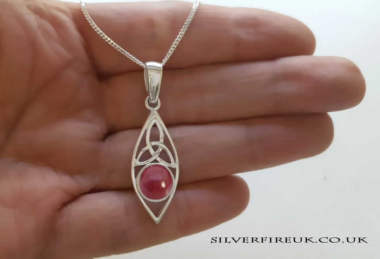 Trinity Celtic Necklace With Ruby, sterling silver and created ruby, July birthstone