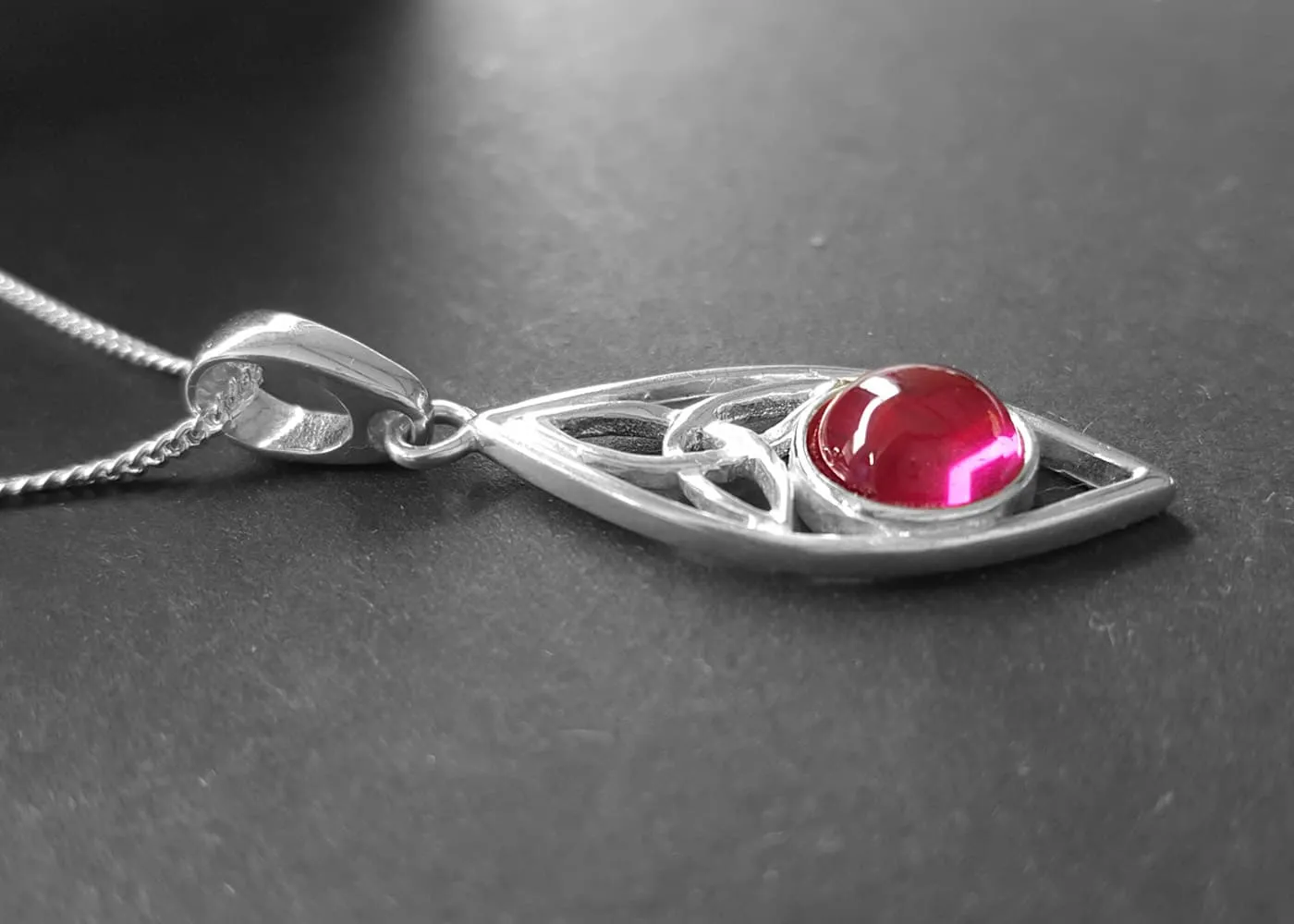 Trinity Celtic Necklace With Ruby, sterling silver and created ruby, July birthstone