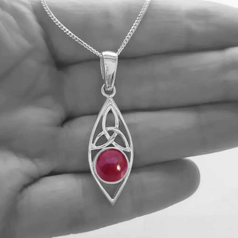 Trinity Celtic Necklace With Ruby, sterling silver and created ruby, July birthstone