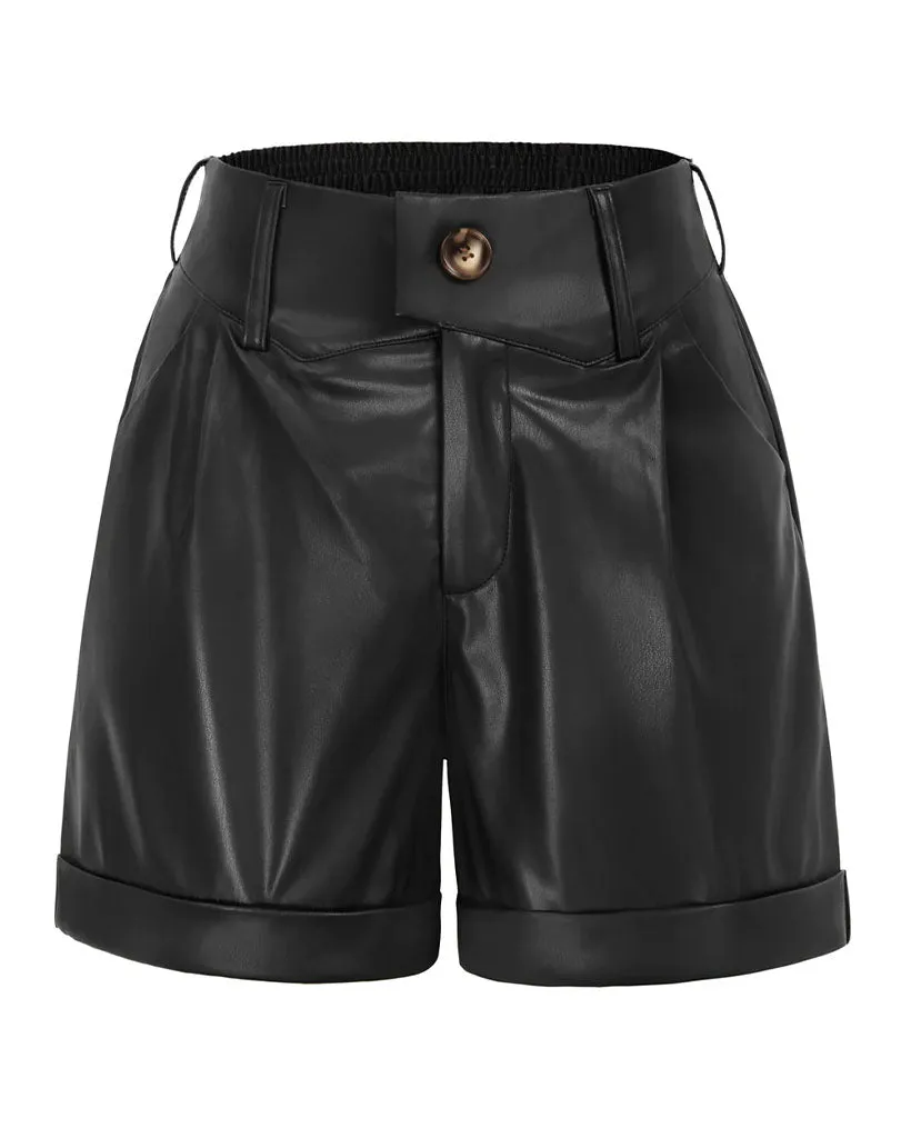 Vintage Faux Leather Shorts High Waist Fold-Over Leg Opening Shorts⏰Flash Sale