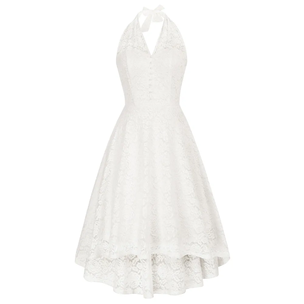 Vintage Halterneck Lace Dress V-Neck High-Low A-Line Dress