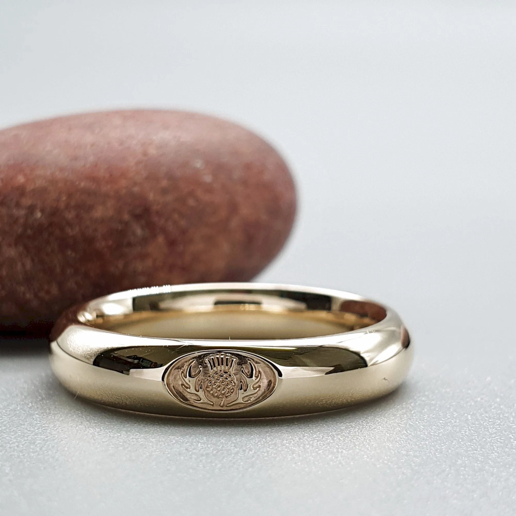 Wedding ring 3mm to 4mm Scottish Thistle yellow gold narrow band.