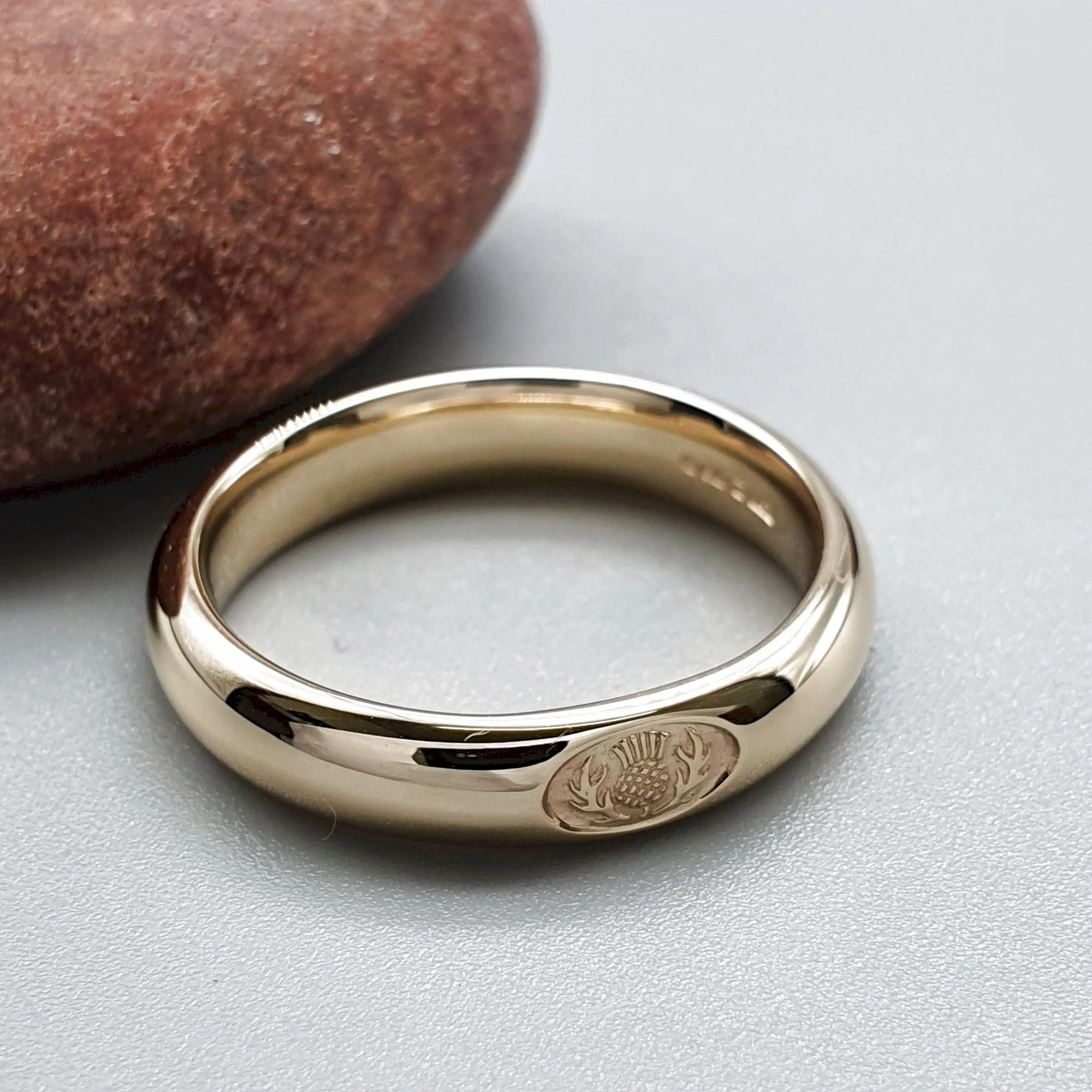 Wedding ring 3mm to 4mm Scottish Thistle yellow gold narrow band.