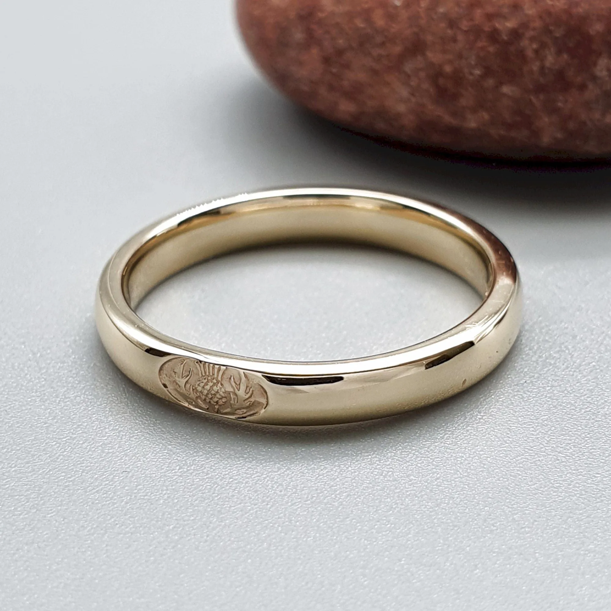 Wedding ring 3mm to 4mm Scottish Thistle yellow gold narrow band.