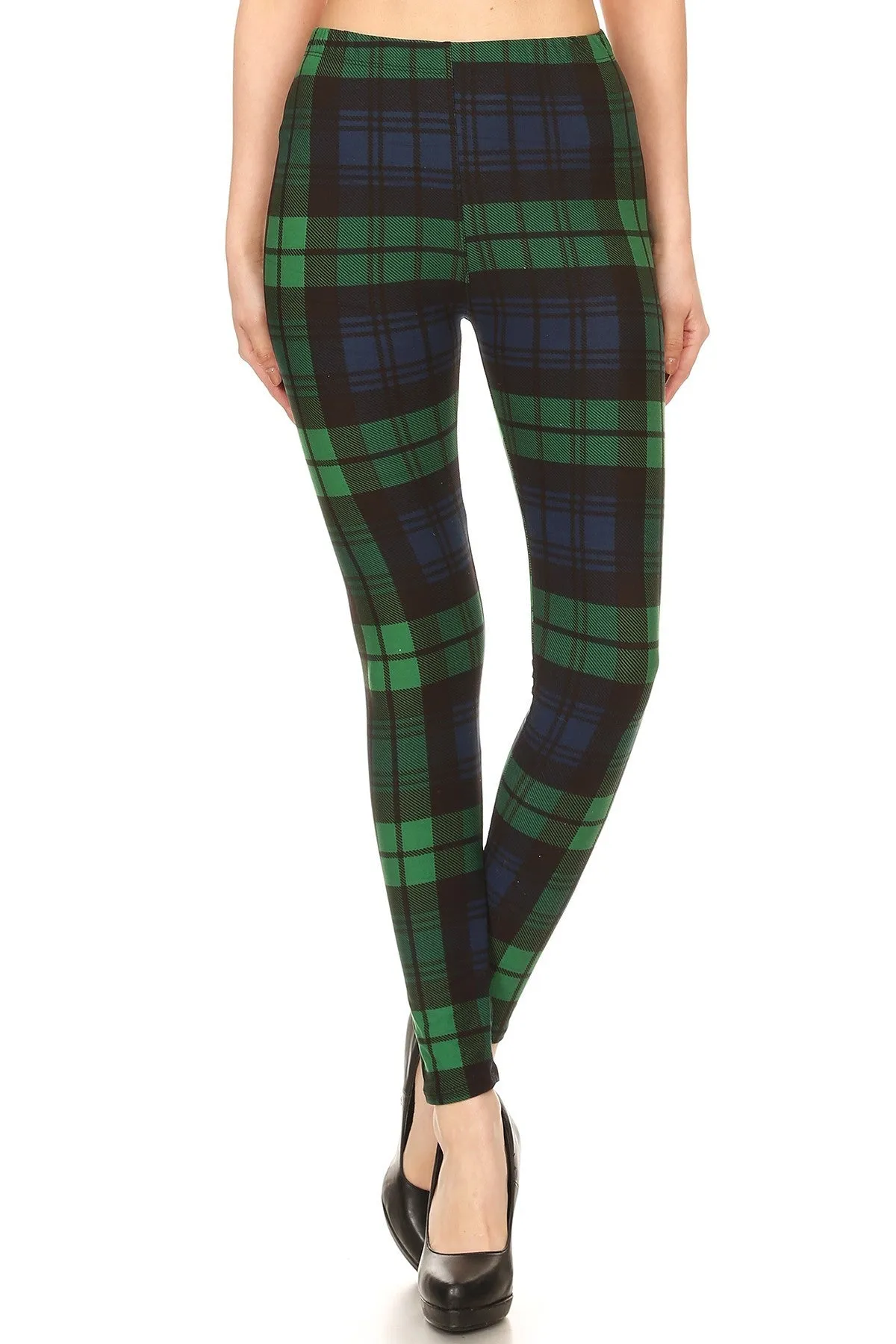 Women's 3X 5X Green Black Plaid Pattern Printed Leggings