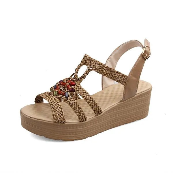 Women's Bohemian Beaded Wedge Braided Sandals 04034719S