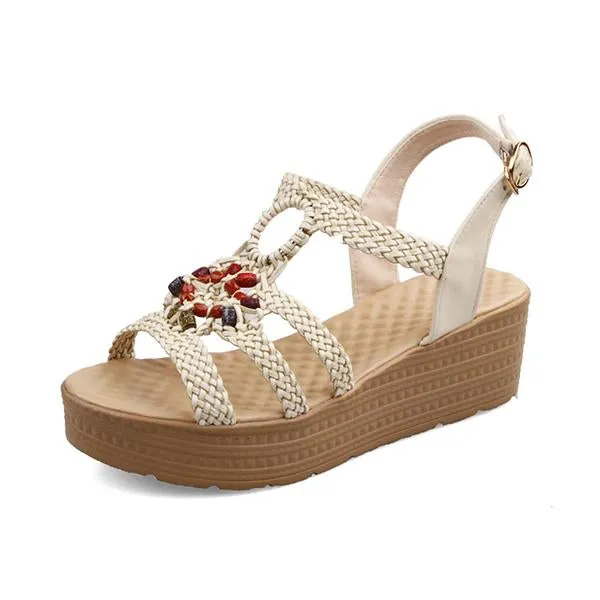 Women's Bohemian Beaded Wedge Braided Sandals 04034719S