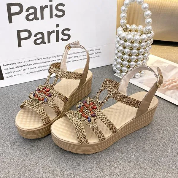 Women's Bohemian Beaded Wedge Braided Sandals 04034719S