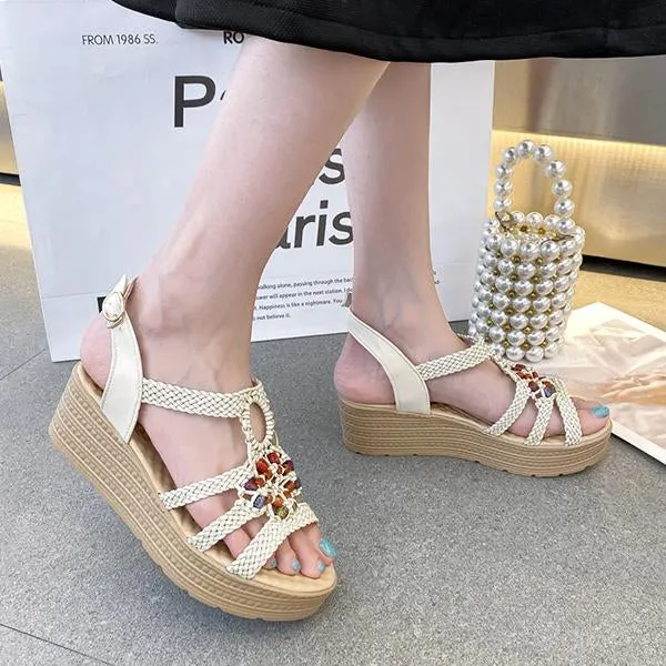 Women's Bohemian Beaded Wedge Braided Sandals 04034719S