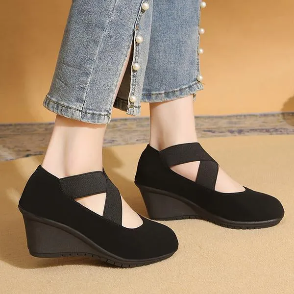 Women's Casual Crossover Elastic Shallow Wedge Shoes 00003544S