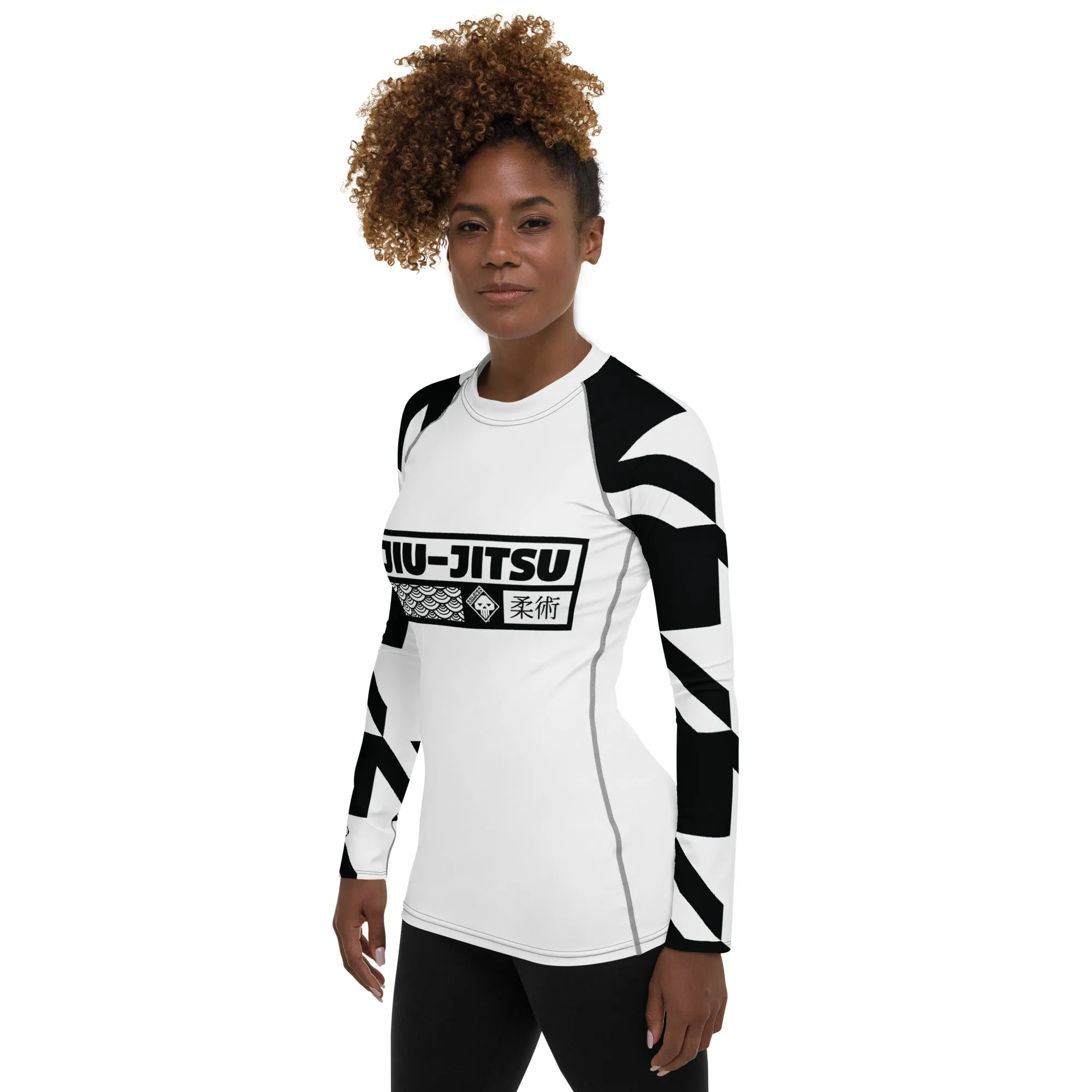 Womens Long Sleeve BJJ Rash Guard - Jiu-Jitsu 021 - Houndstooth 001 Blanc