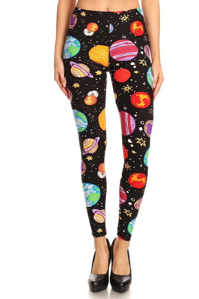 Women's Plus Colorful Planets Pattern Printed Leggings